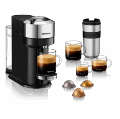 Nespresso Vertuo Next Deluxe Espresso Machine By DeLonghi - Chrome -Coffee Machine Shop ENV120C Vertuo Next D Pure Chrome Delonghi 3Quarter Travel Mug