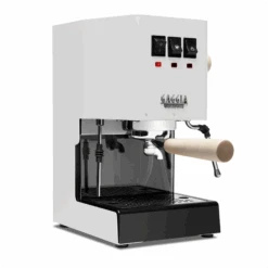 Gaggia Classic Evo Pro Espresso Machine In Polar White With Tiger Maple -Coffee Machine Shop GACLASSICEVOPROWHTTM White Maple Single EVO 1153